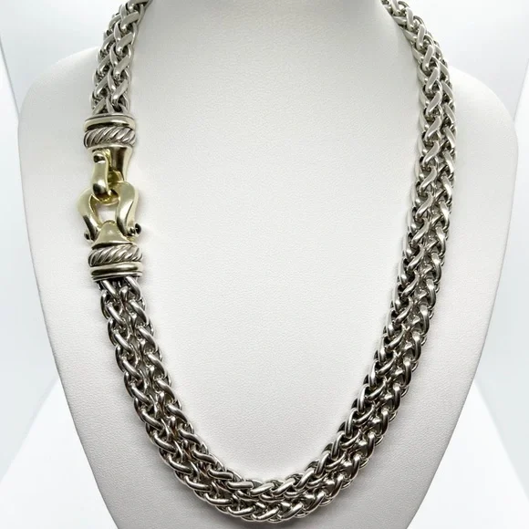 David Yurman Gold Buckle Double Wheat Chain Necklace With Rhodolite Garnet - Picture 2 of 14